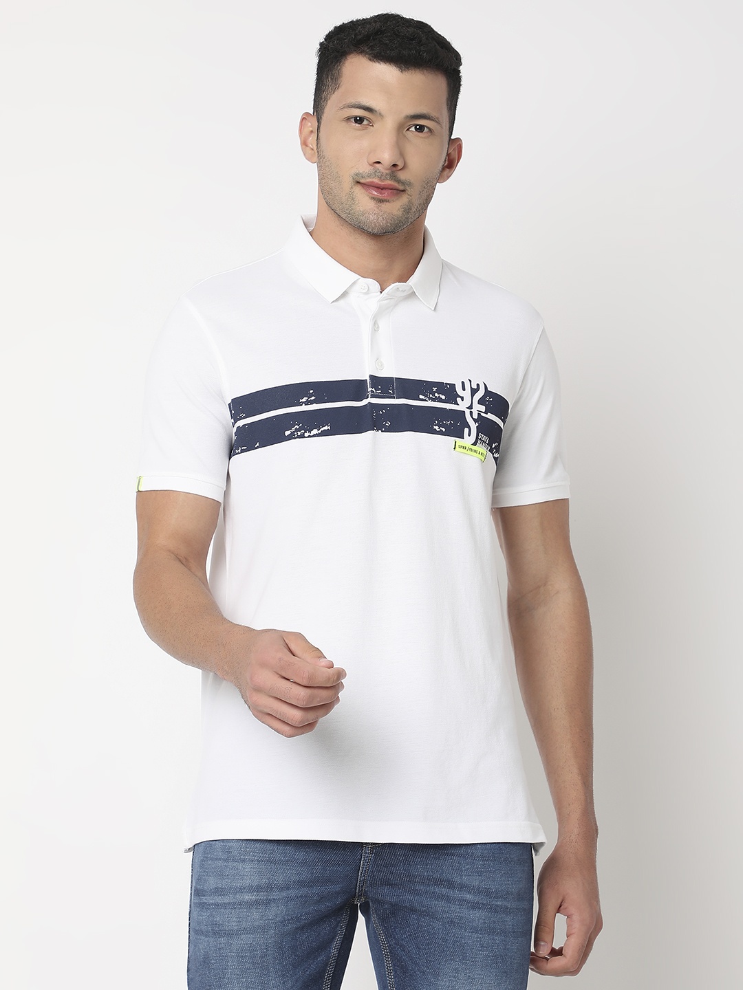 

SPYKAR Polo Collar Striped Slim Fit Pure Cotton T-shirt, White