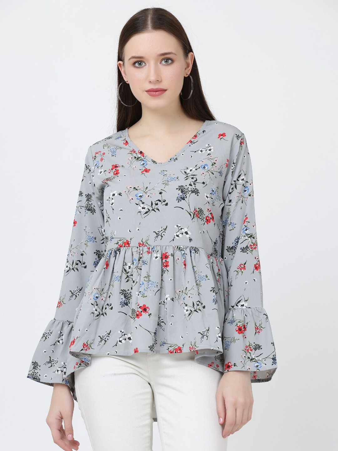 

GRACIT Floral Print Crepe Chinched Waist Top, Grey