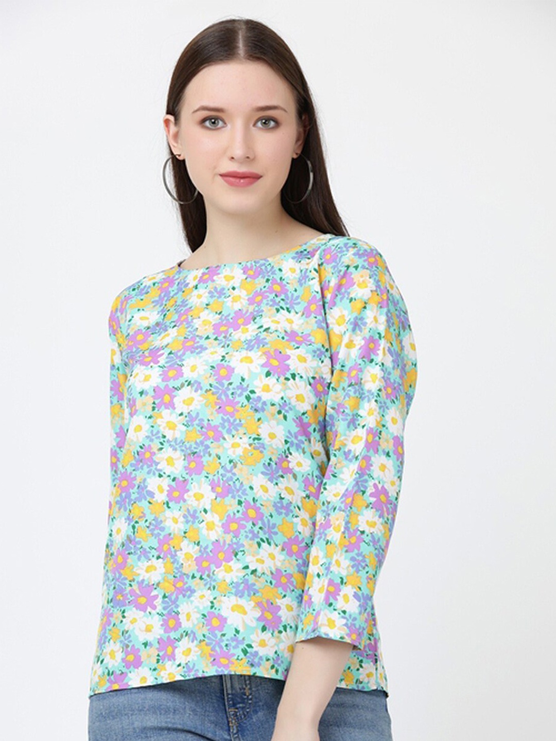 

GRACIT Floral Printed Round Neck Crepe Top, Green