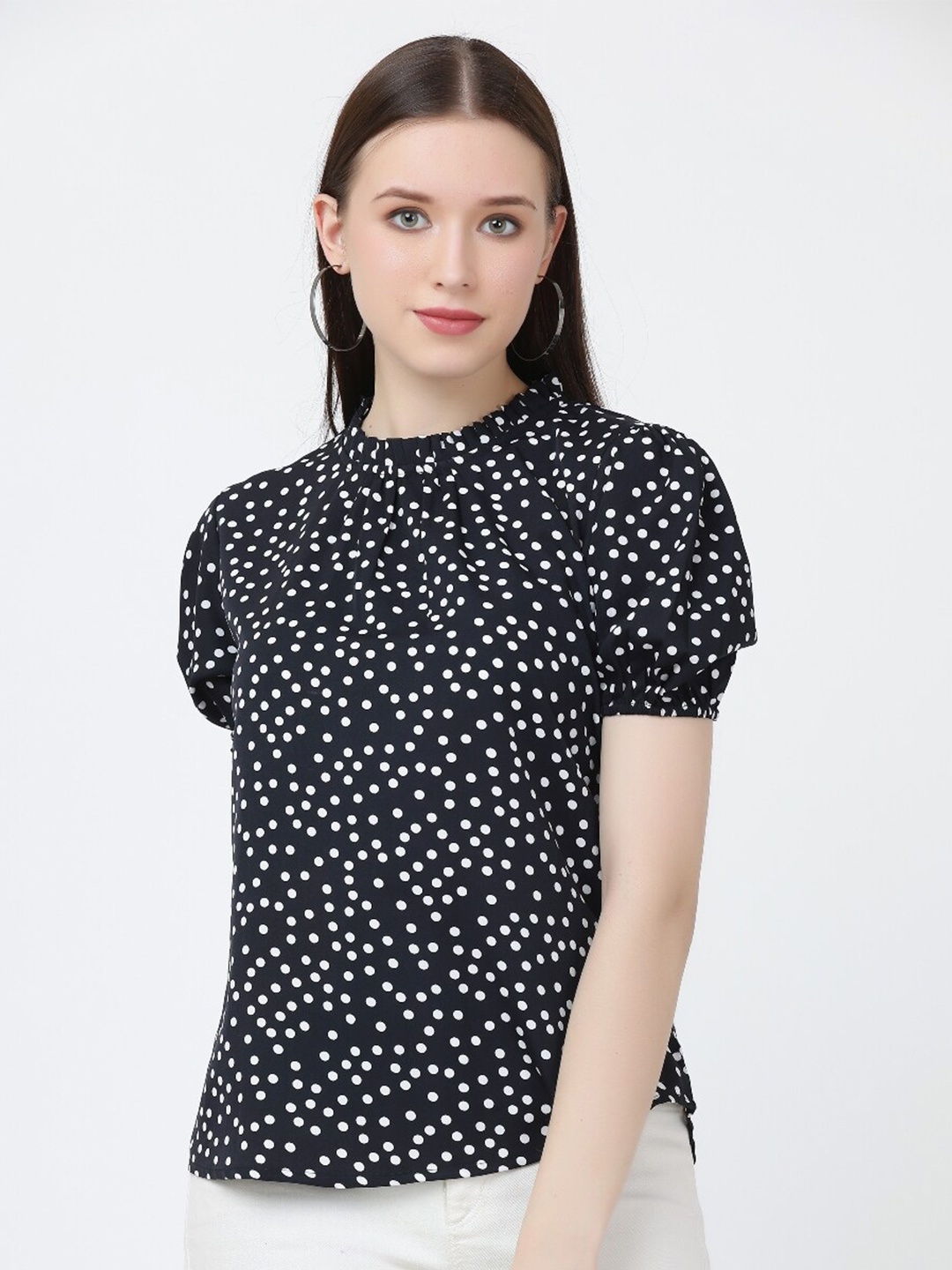 

GRACIT Polka Dot Printed Puff Sleeves Top, Black