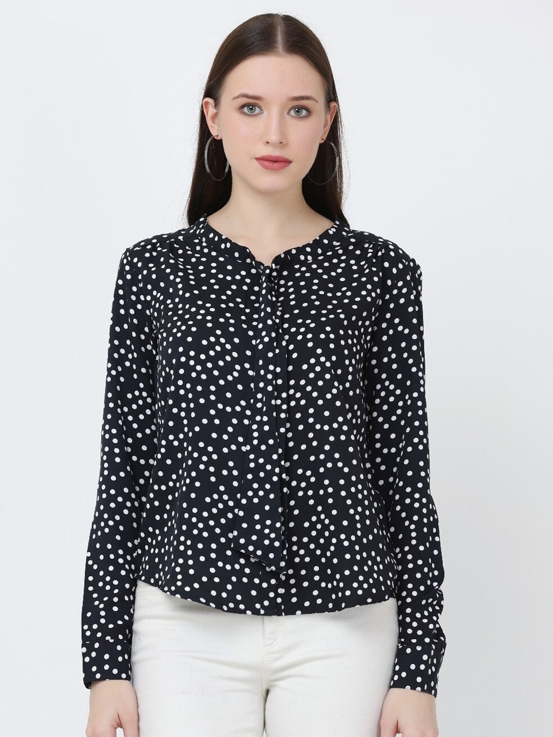 

GRACIT Polka Dot Printed Tie Up Neck Top, Black