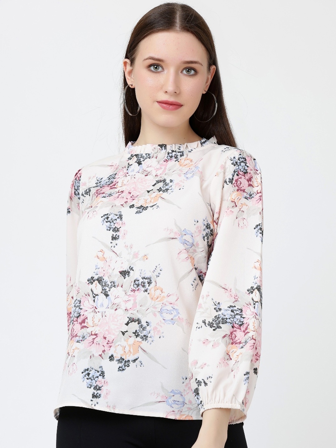 

GRACIT Floral Printed High Neck Pleated Georgette Top, Beige