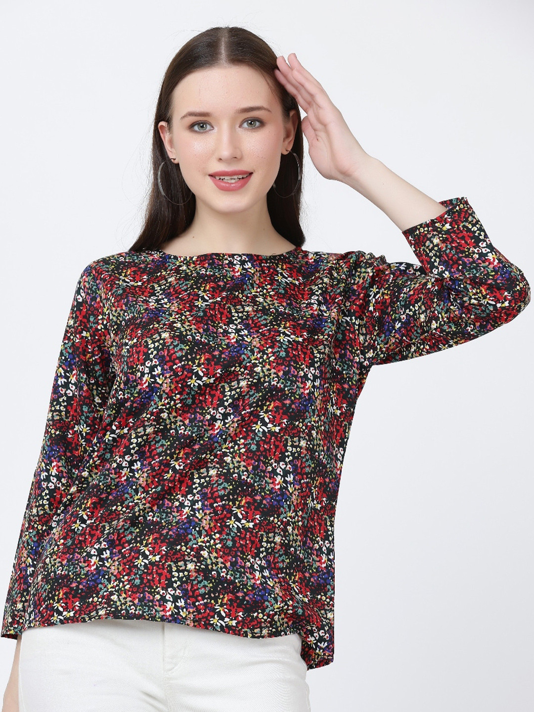 

GRACIT Boat Neck Abstract Printed Regular Crepe Top, Black