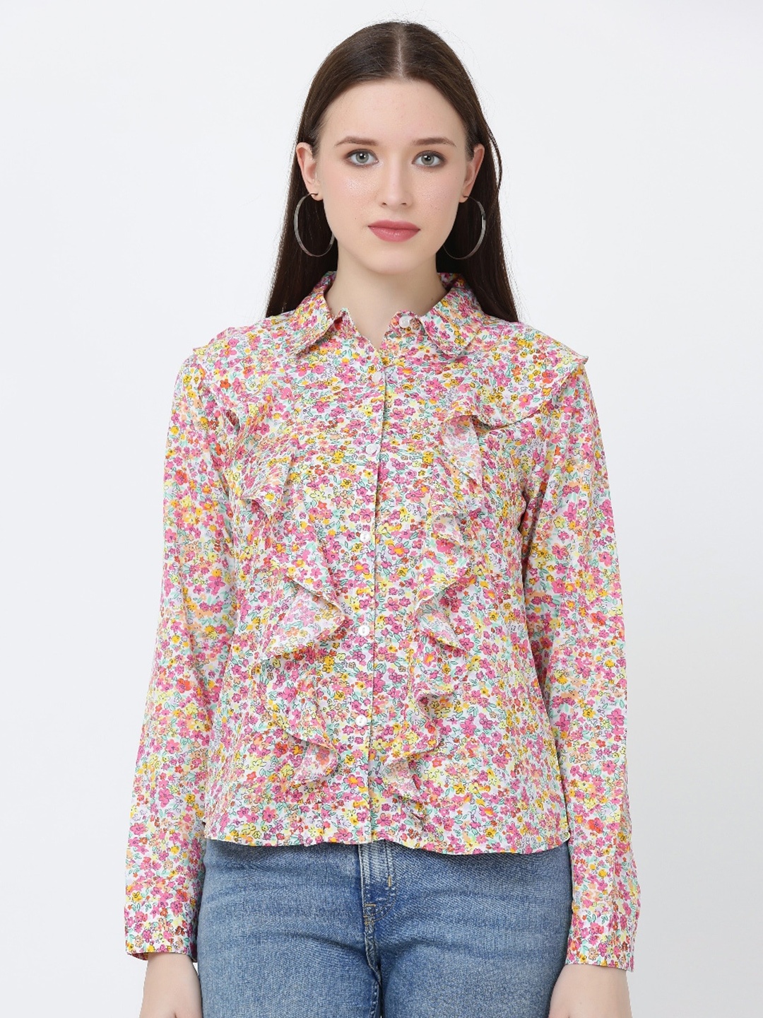 

GRACIT Floral Print Crepe Shirt Style Top, White