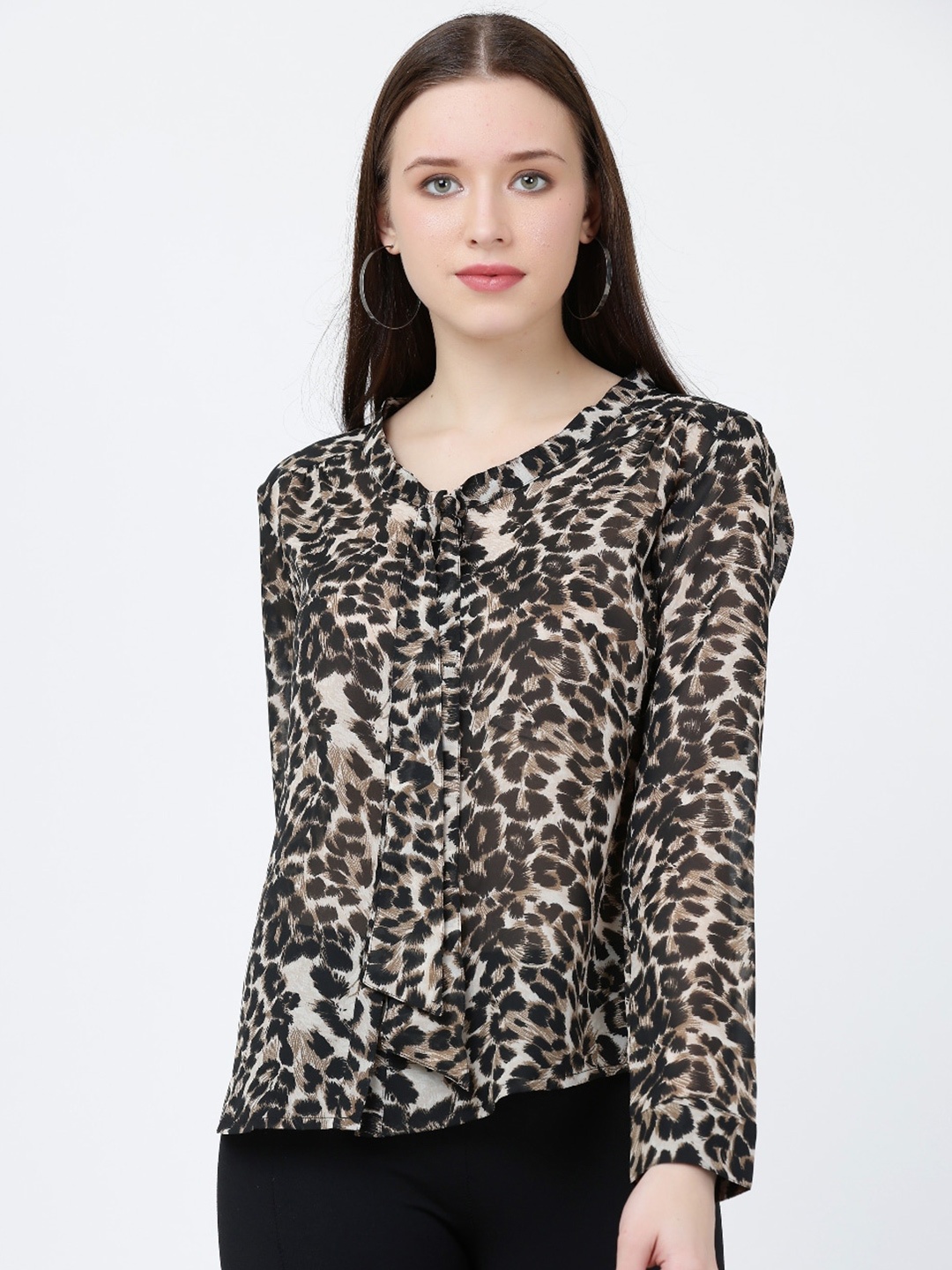 

GRACIT Animal Printed Georgette Tie Up Neck Top, Brown