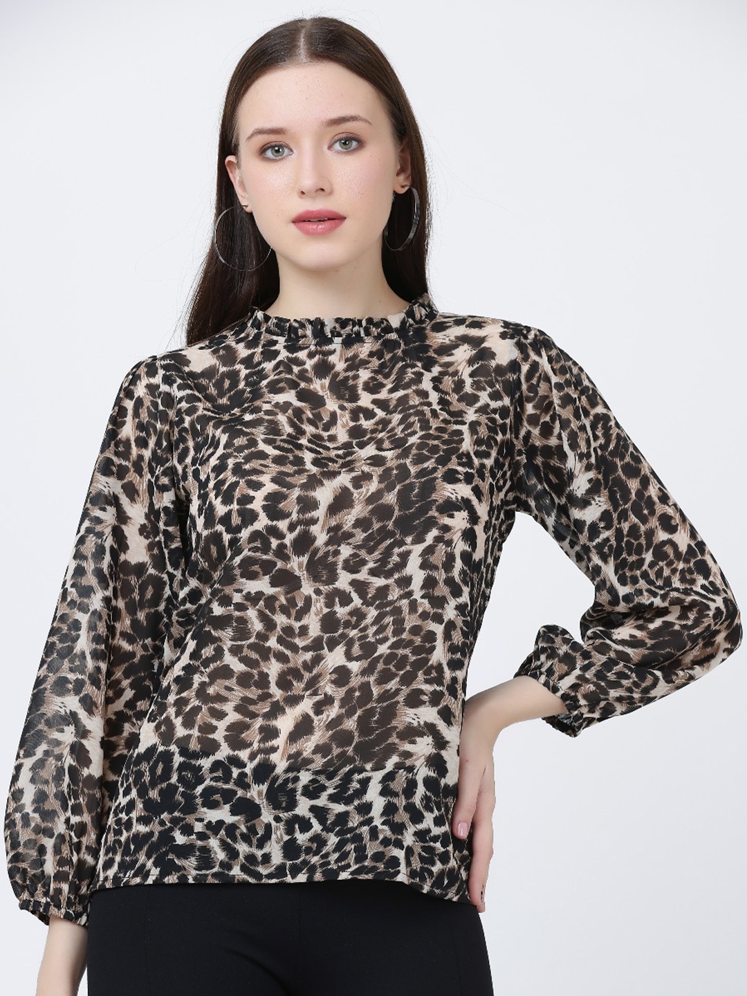 

GRACIT Animal Printed Round Neck Puff Sleeves Crepe Top, Black