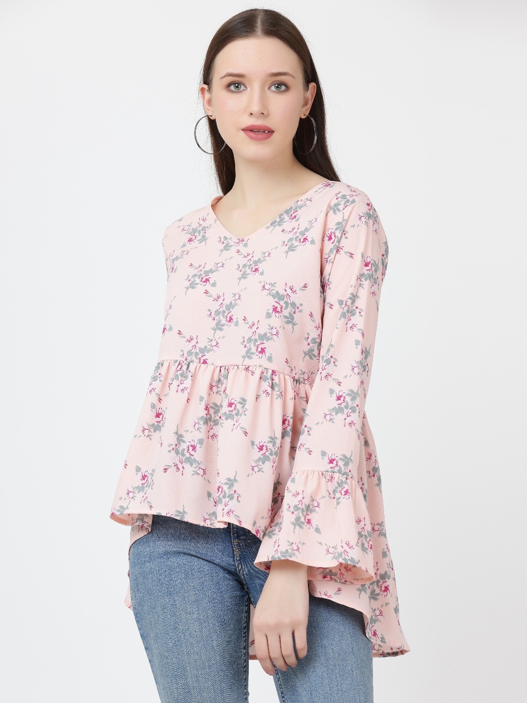 

GRACIT V-Neck Floral Printed High Low Hem Crepe Peplum Top, Peach