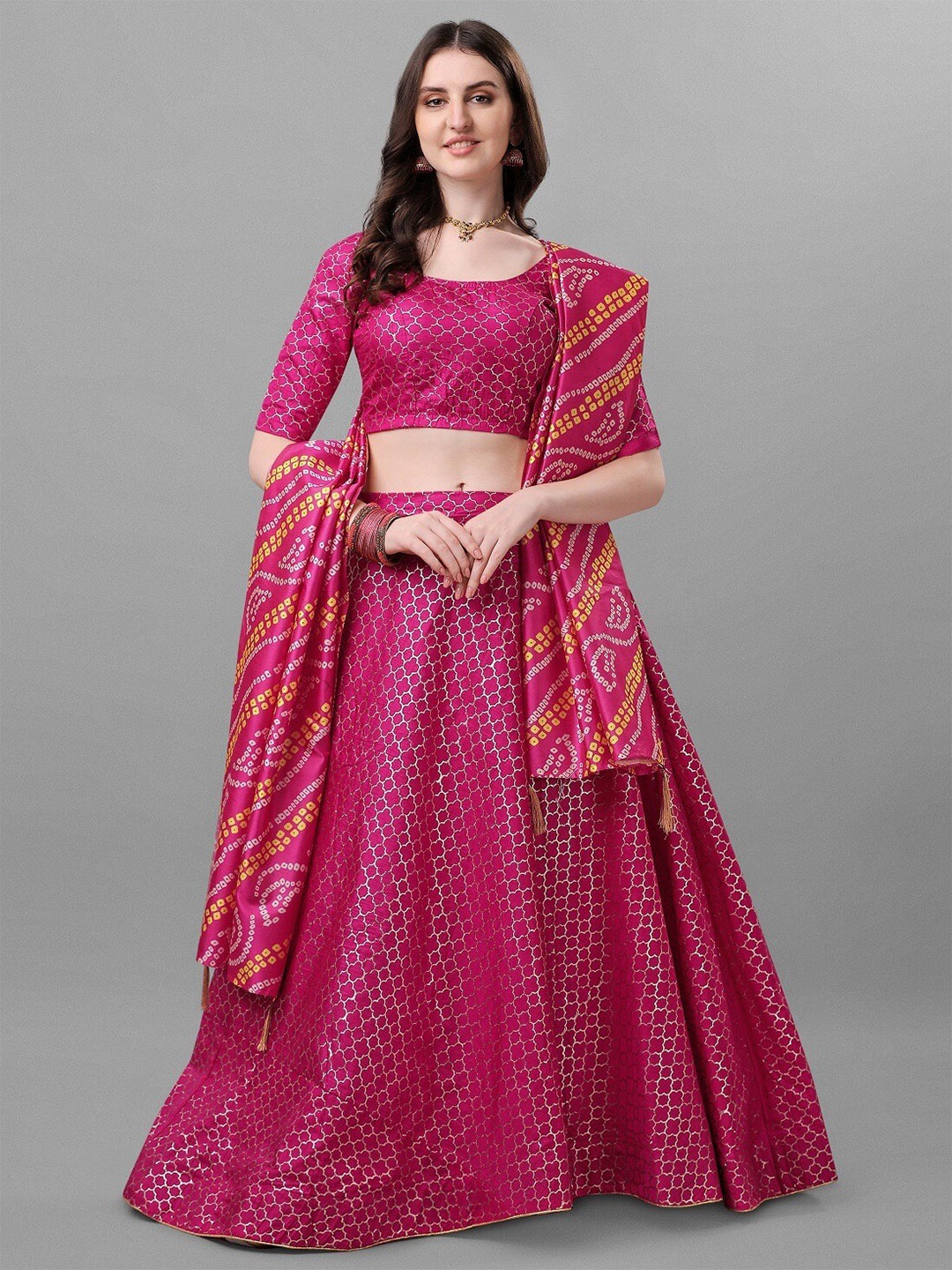 

Fashion Basket Printed Semi-Stitched Lehenga & Unstitched Blouse With Dupatta, Pink
