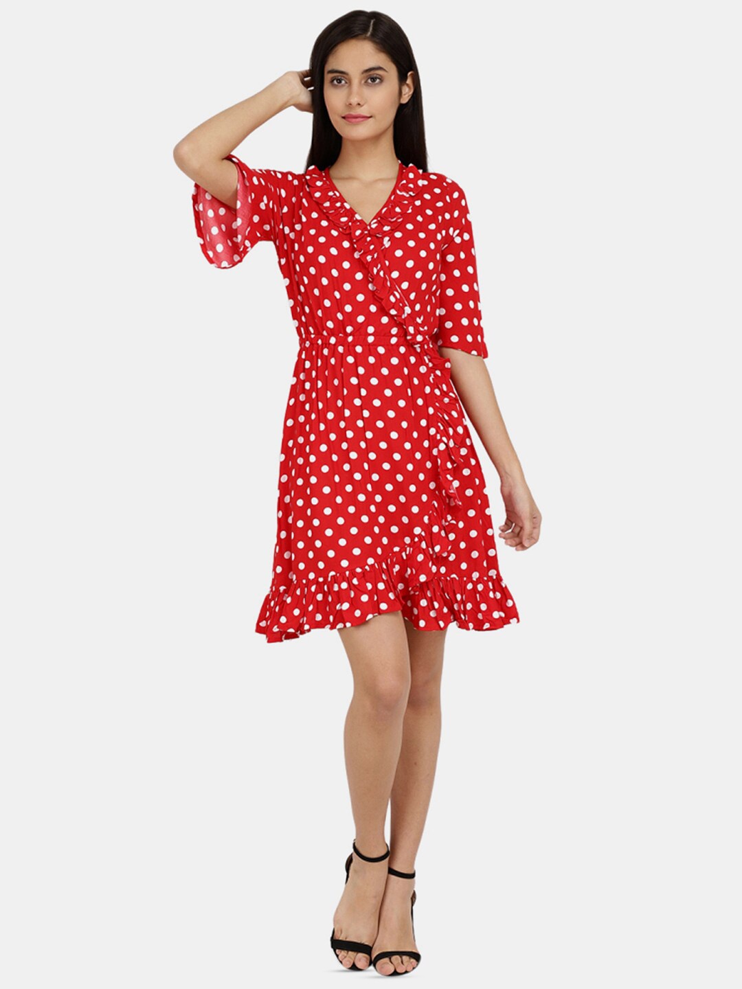 

V-Mart V-Neck Polka Dots Printed Dress, Red