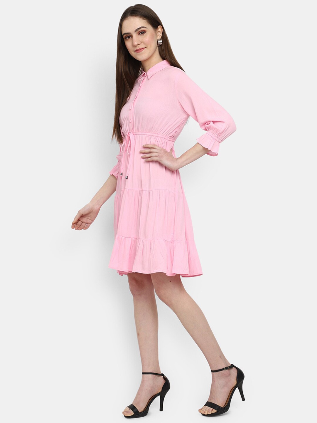 

V-Mart Shirt Collar Fit & Flare Dress, Pink