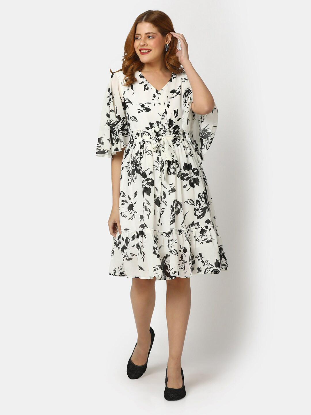 

V-Mart Floral Printed V-Neck Fit & Flare Dress, White