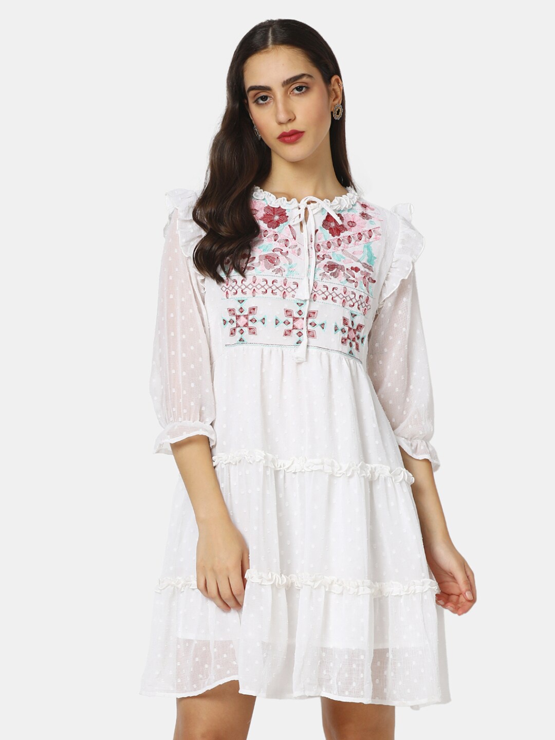 

V-Mart Floral Tie-Up Neck Fit and Flare Cotton Dress, White