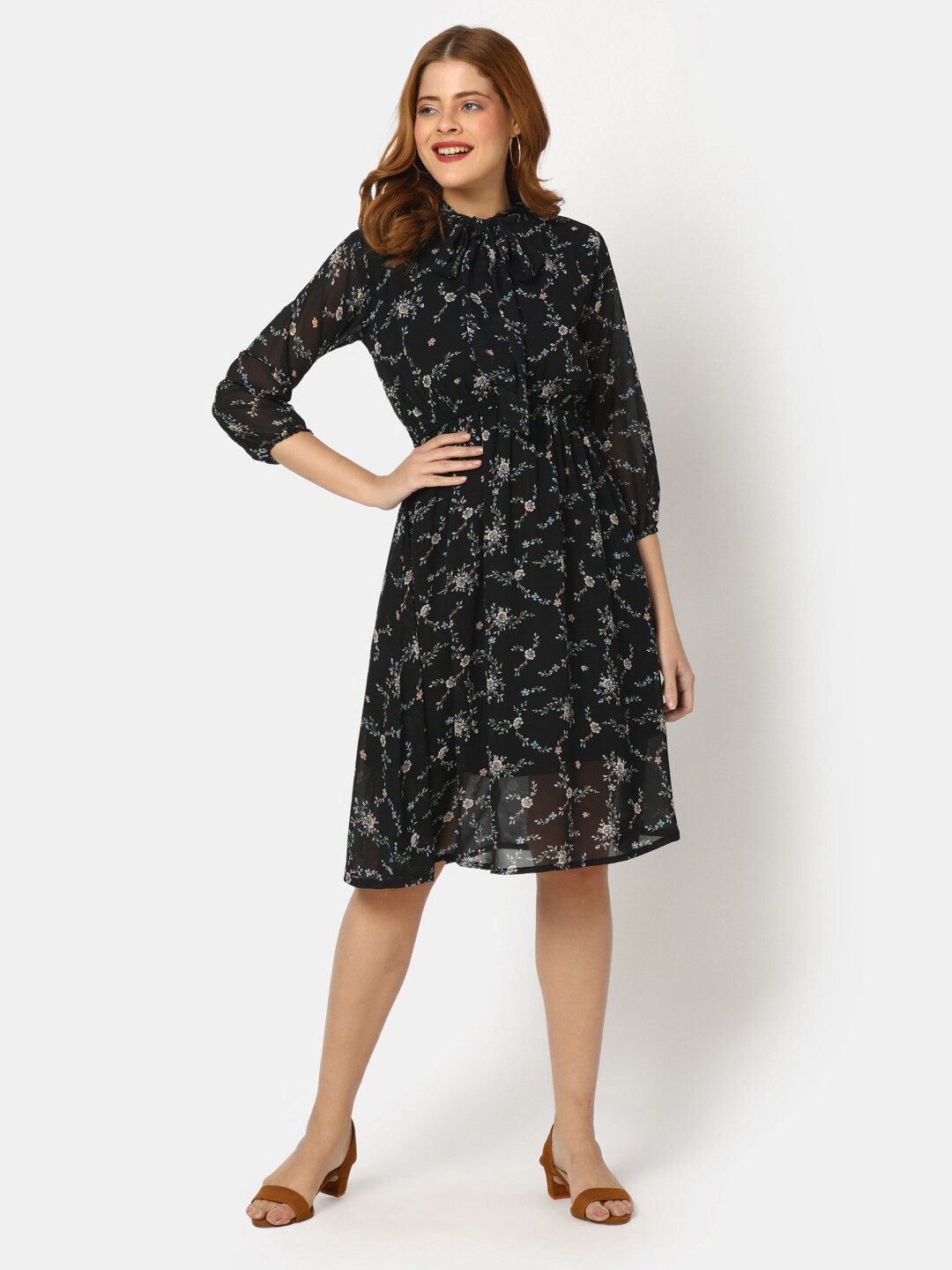 

V-Mart Floral Printed Fit & Flare Dress, Black