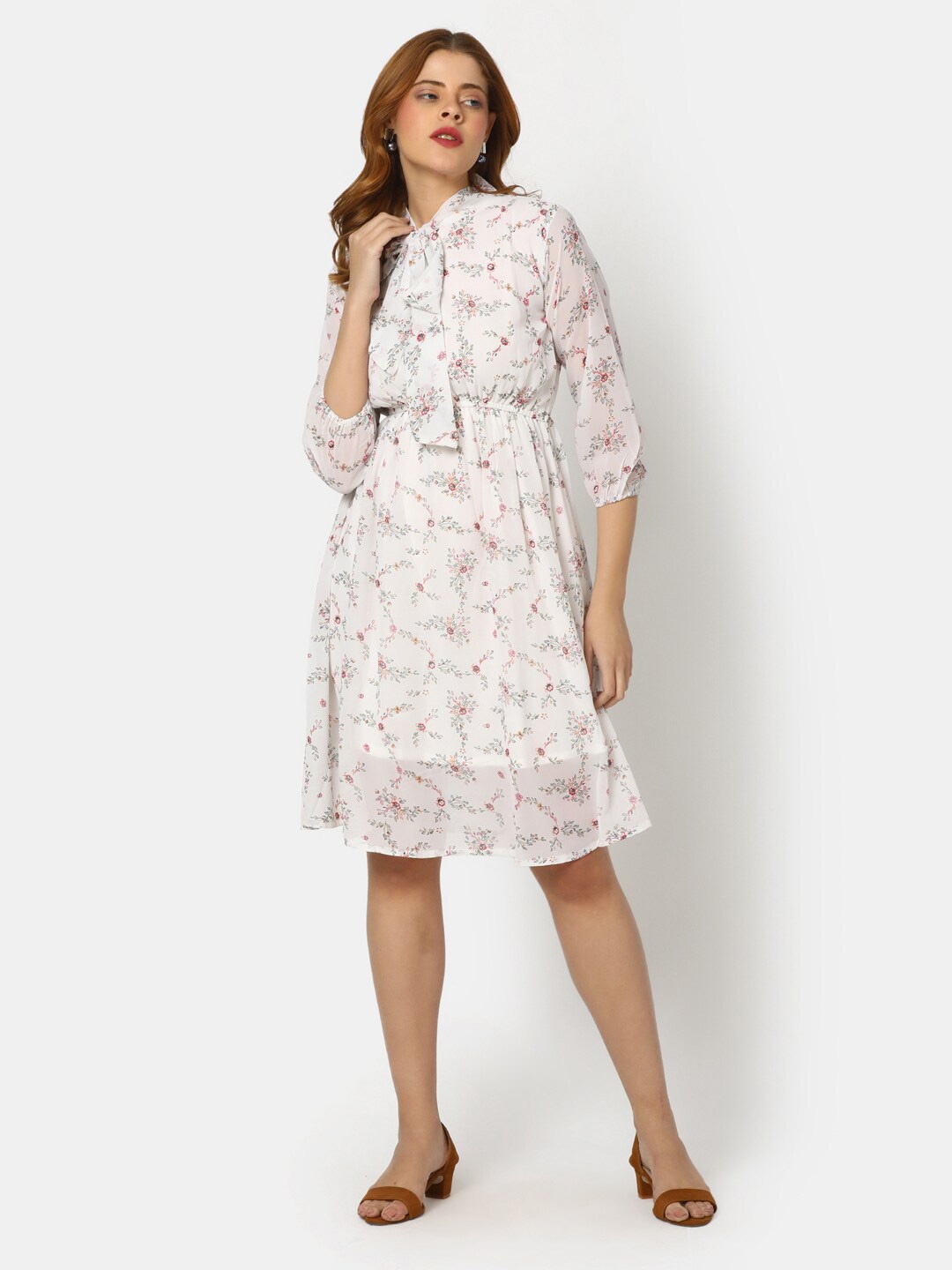 

V-Mart Floral Printed Tie-Up Neck Fit & Flare Dress, White