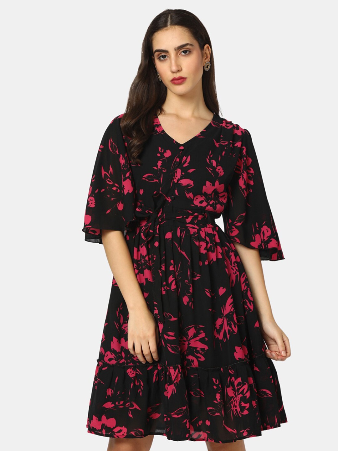 

V-Mart Floral Printed Flared Sleeves Fit & Flare Dress, Black