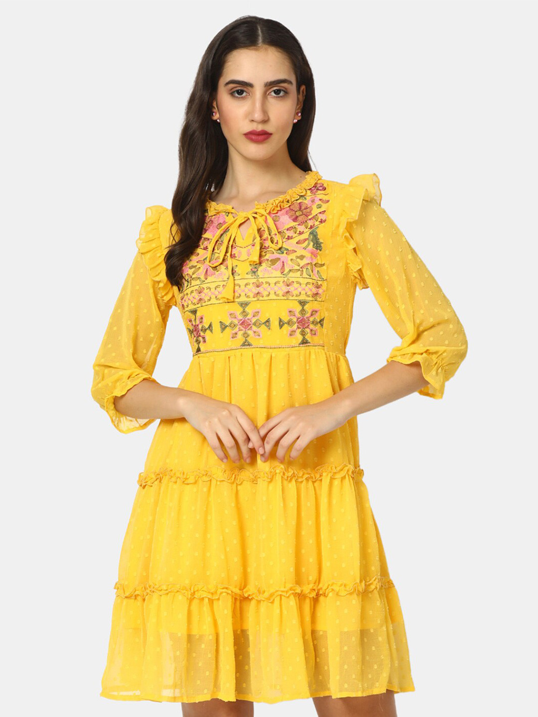 

V-Mart Self Design Embroidered Tie-Up Neck Fit & Flare Dress, Yellow