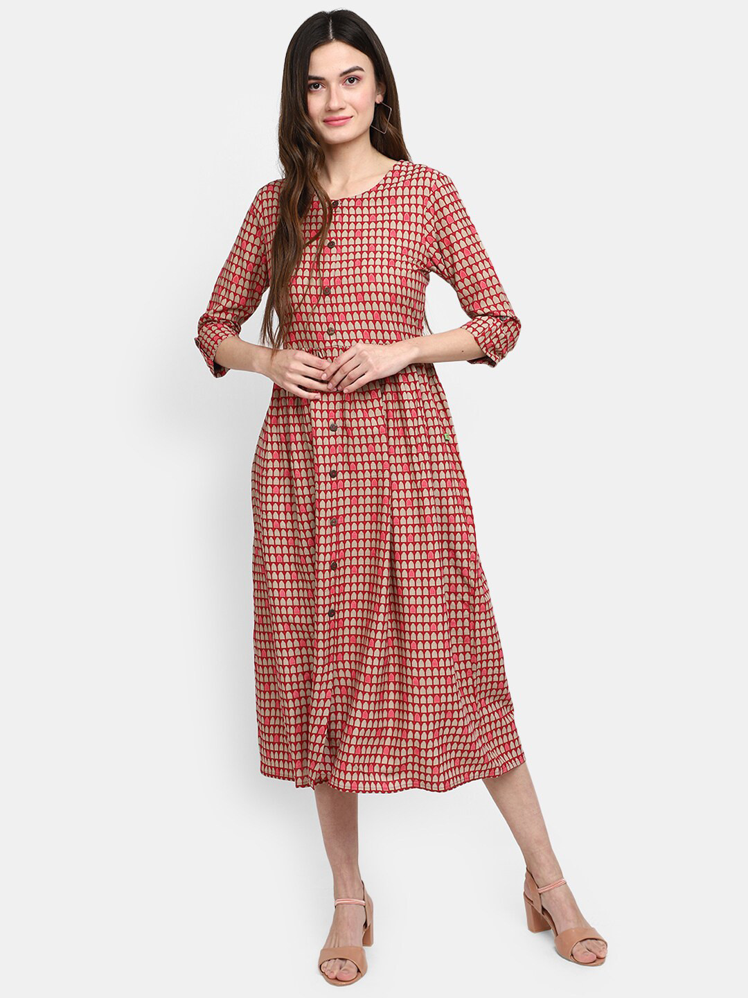 

V-Mart Geometric Round Neck Roll Up Sleeve Ethnic Dress, Pink