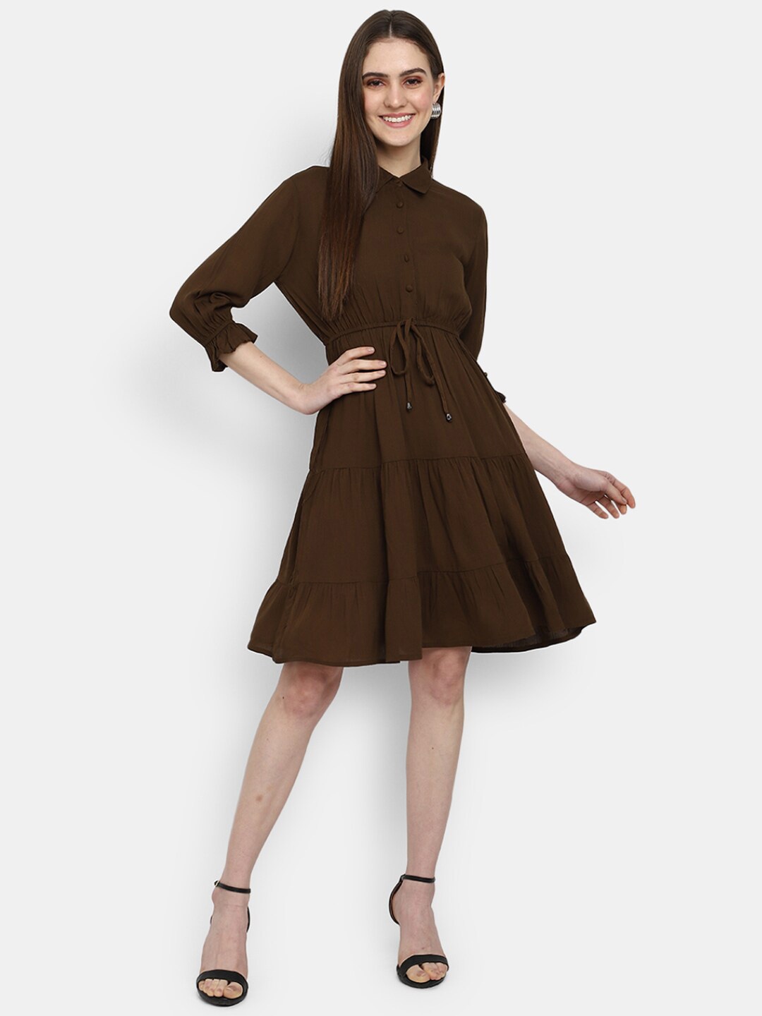 

V-Mart Shirt Collar Tiered Fit & Flare Dress, Olive