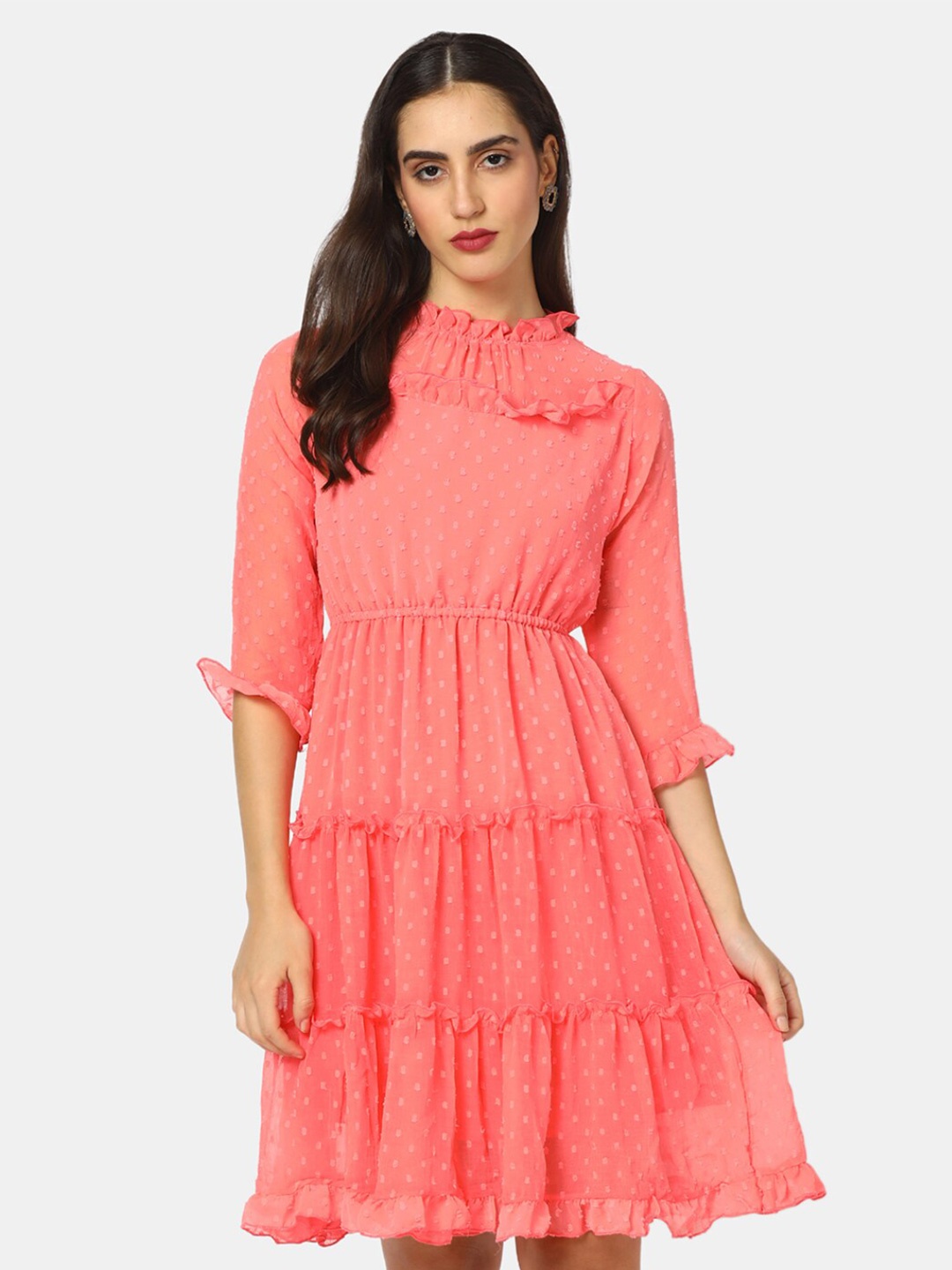 

V-Mart Self Design High Neck Ruffle Detail Dobby Cotton Dress, Coral