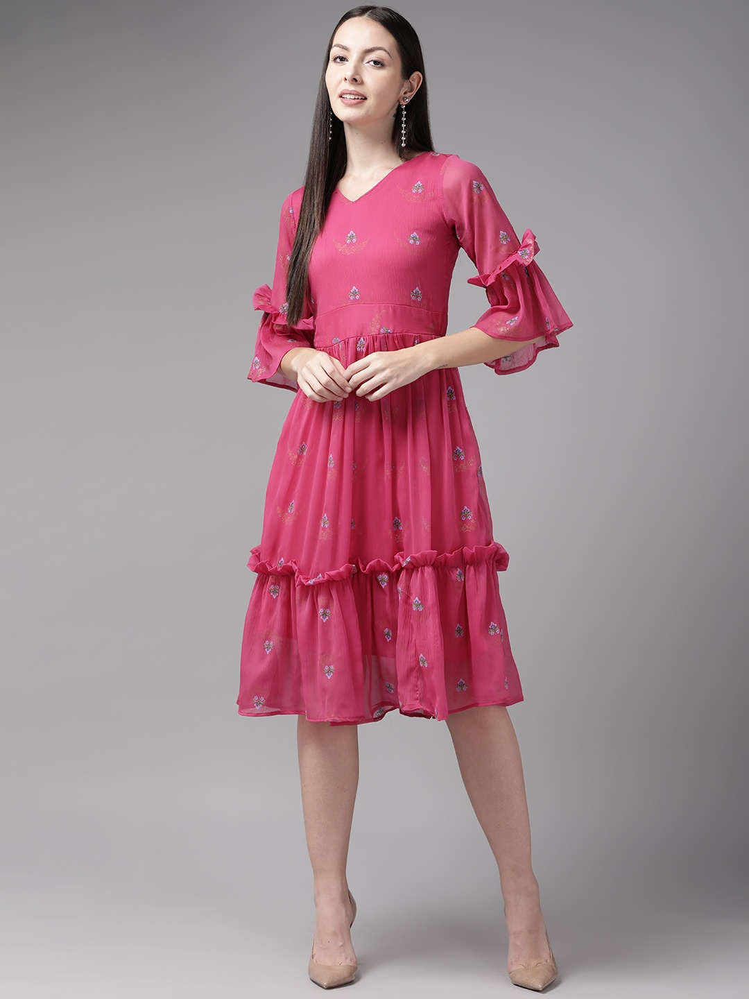 

Aarika Floral Printed Tiered Georgette Dress, Pink