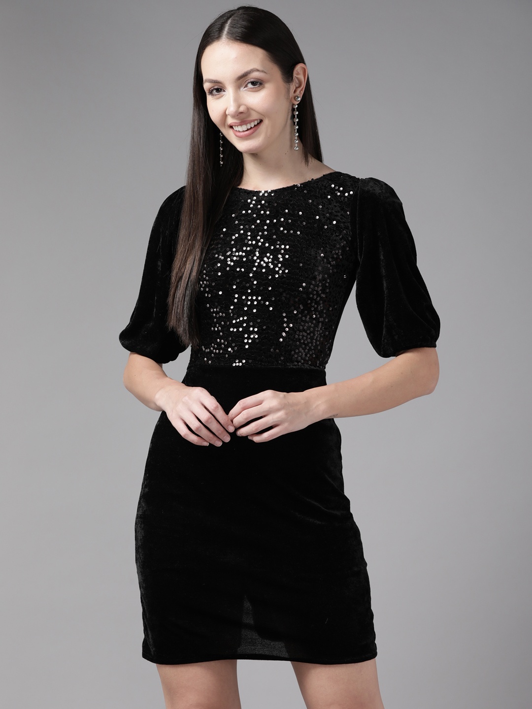 

Aarika Black Embellished Georgette Bodycon Mini Dress