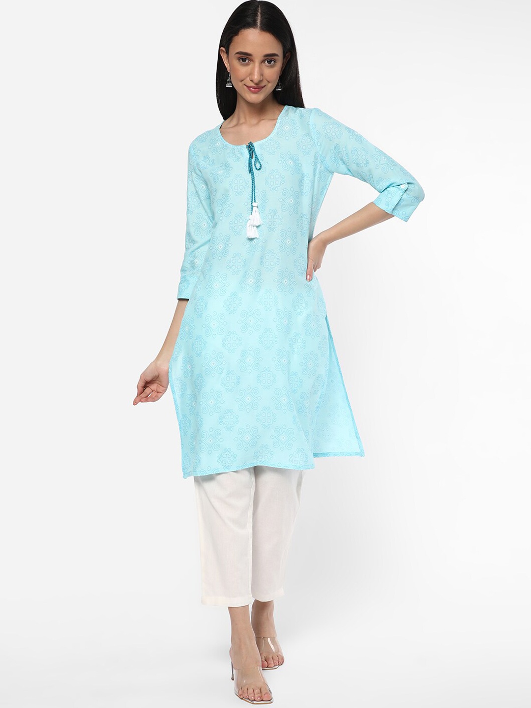 

R&B Ethnic Motifs Printed Tie Up Neck Kurta, Blue