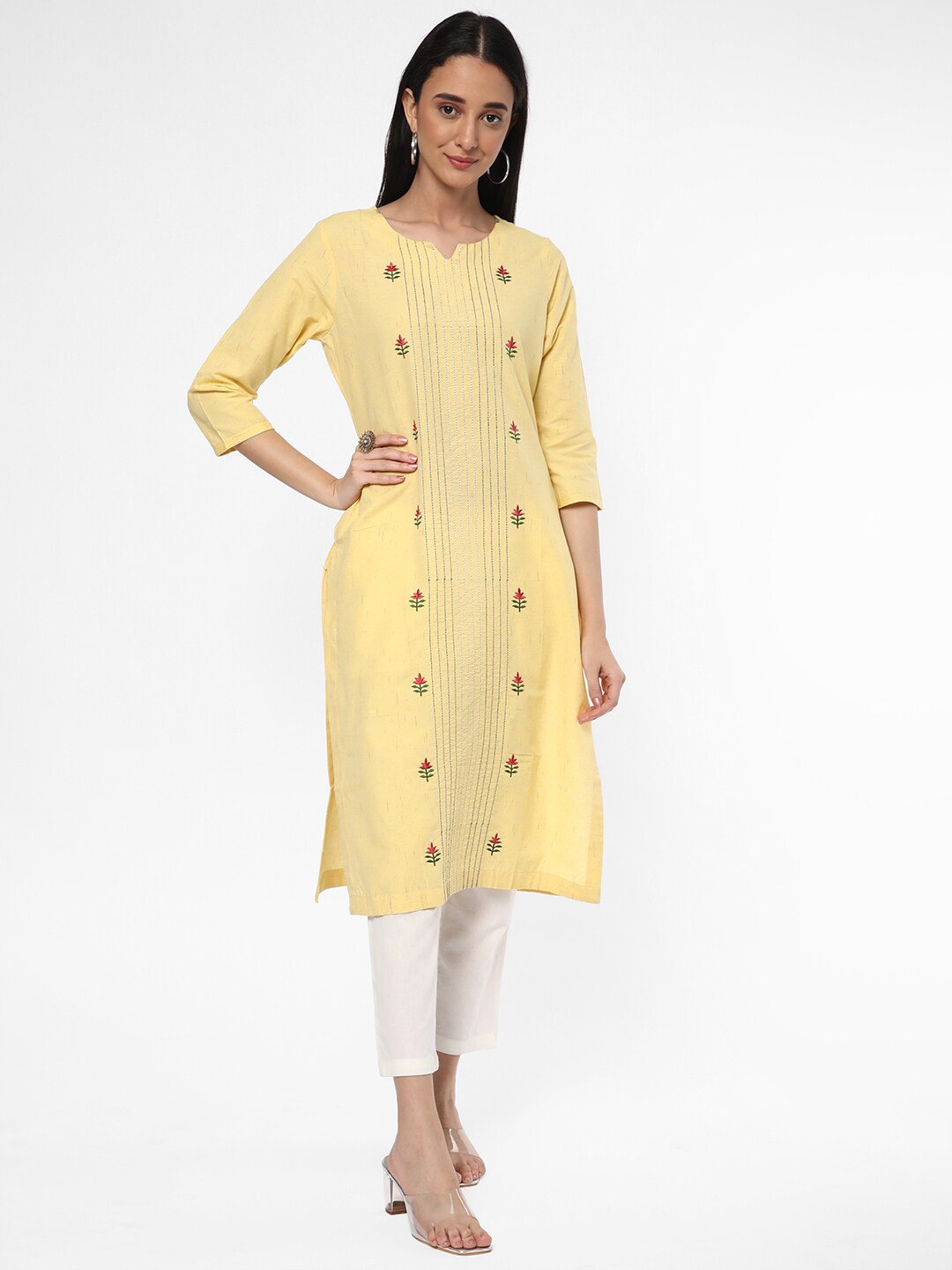 

R&B Floral Embroidered Notched Neck Thread Work Kurta, Yellow