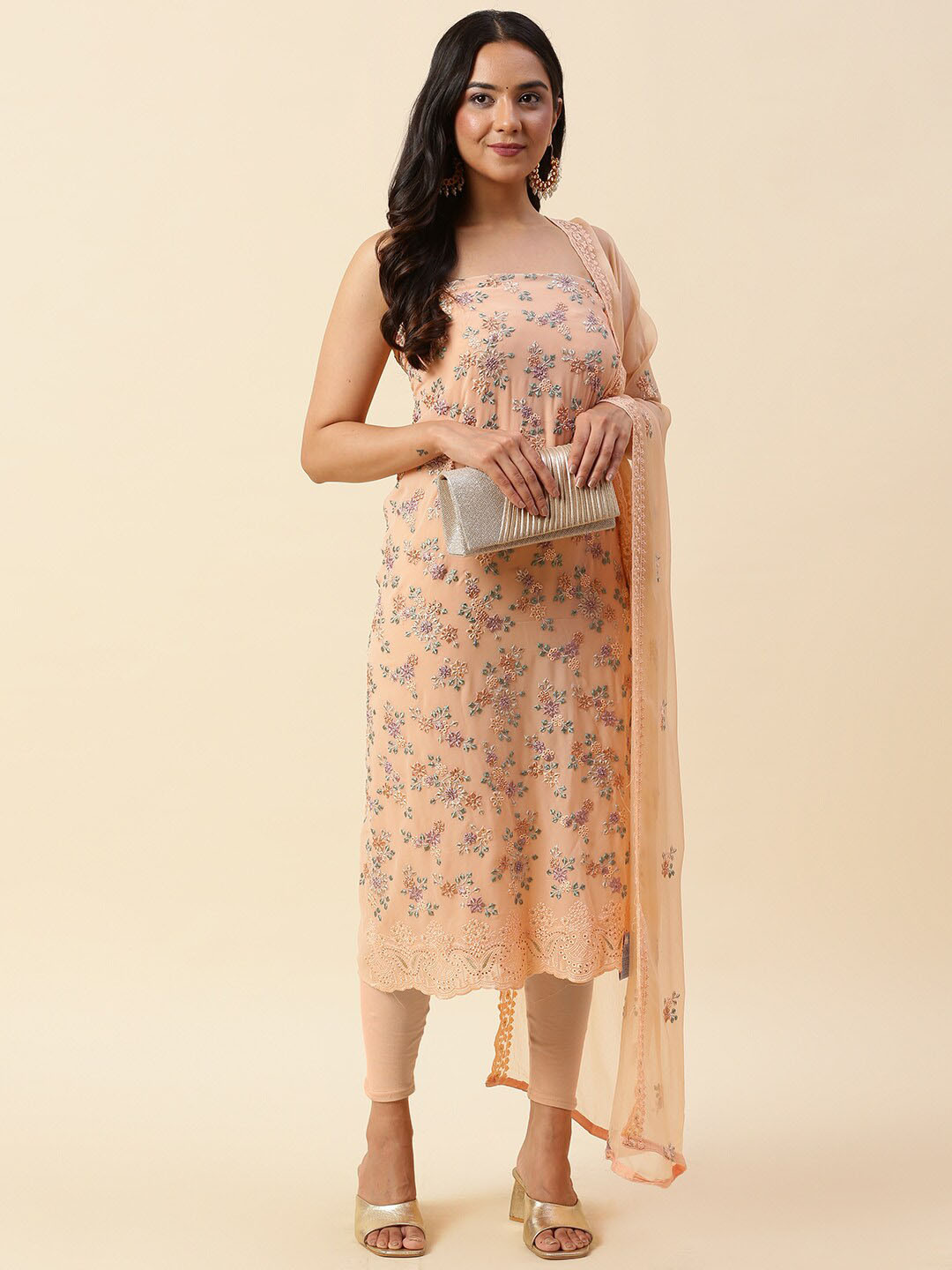

Meena Bazaar Floral Embroidered Unstitched Dress Material, Peach