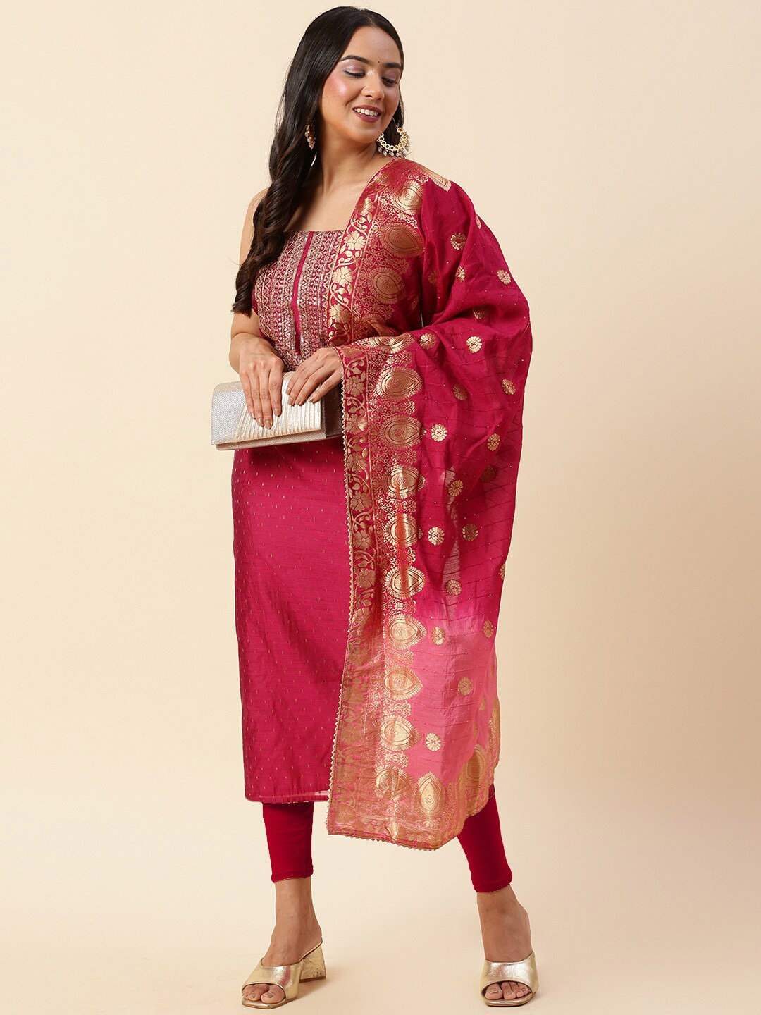 

Meena Bazaar Embroidered Art Silk Unstitched Dress Material, Fuchsia