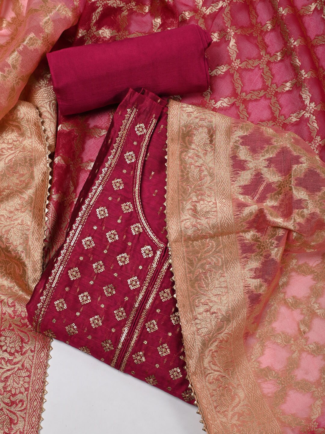

Meena Bazaar Ethnic Motifs Embellished Art Silk Unstitched Dress Material, Pink