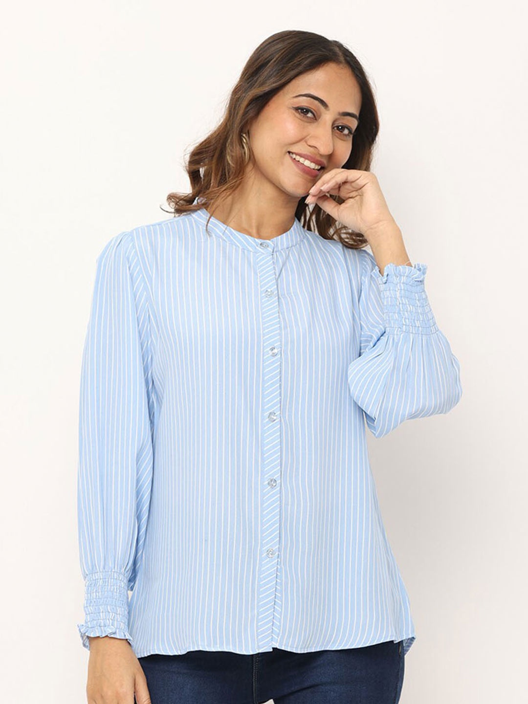 

GLORY & I Striped Mandarin Collar Shirt, Blue