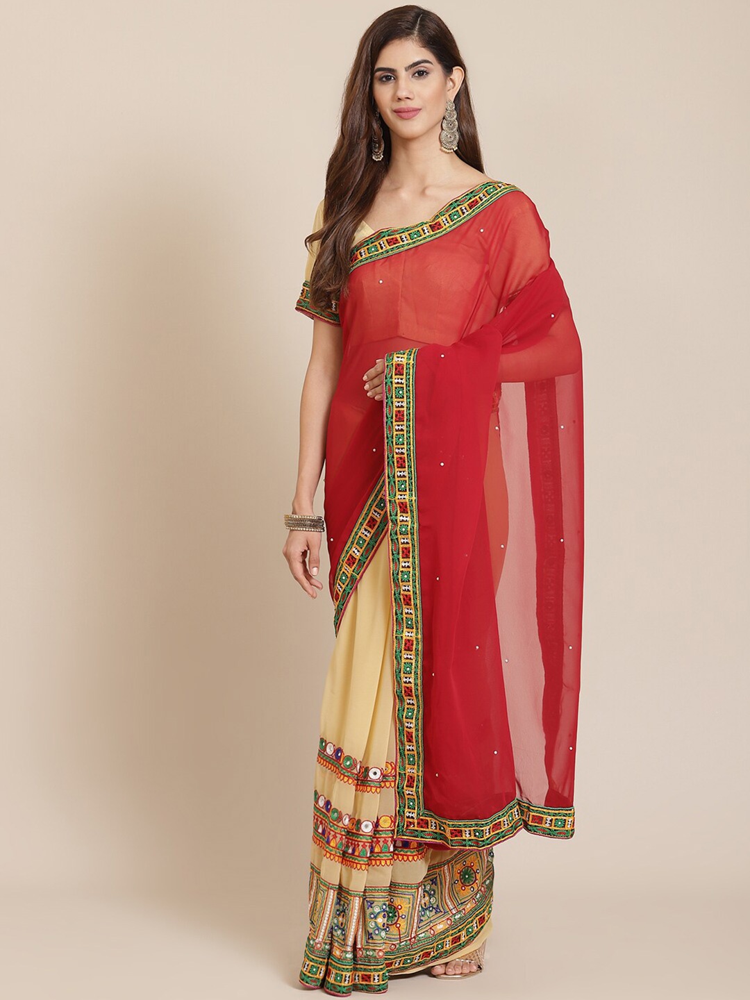 

SERONA FABRICS Embellished Embroidered Pure Georgette Half and Half Saree, Red