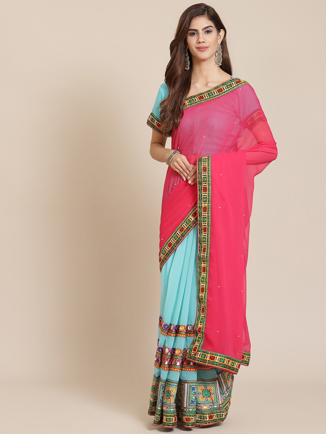 

SERONA FABRICS Embellished Embroidered Pure Georgette Saree, Pink
