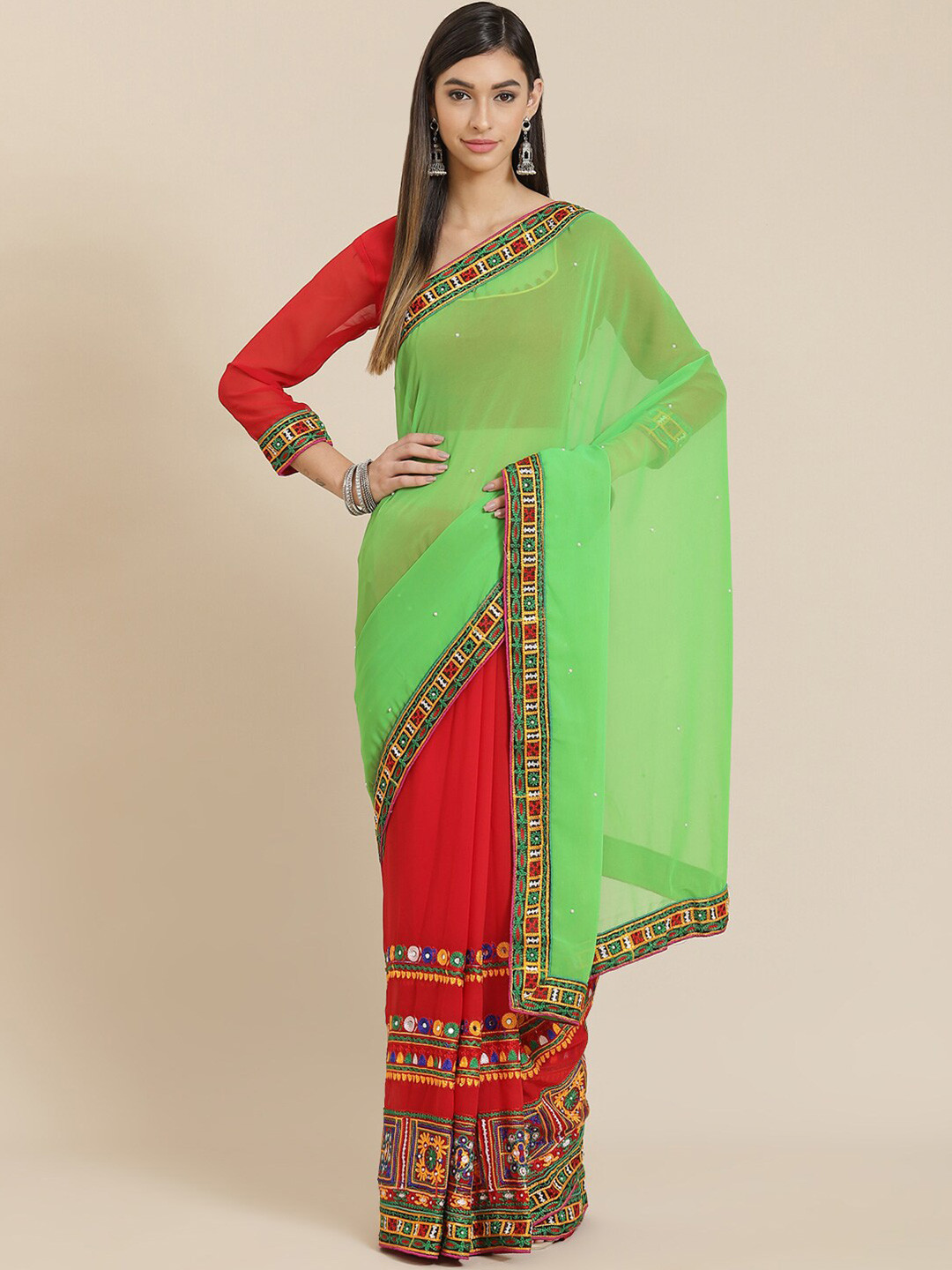

SERONA FABRICS Embellished Embroidered Pure Georgette Saree, Green