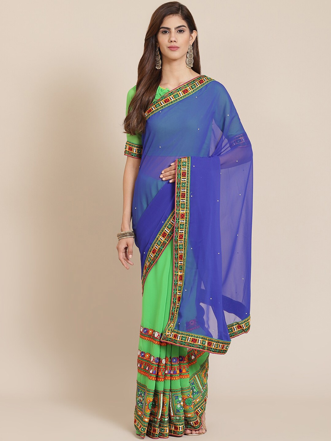 

SERONA FABRICS Embellished Embroidered Pure Georgette Saree, Blue
