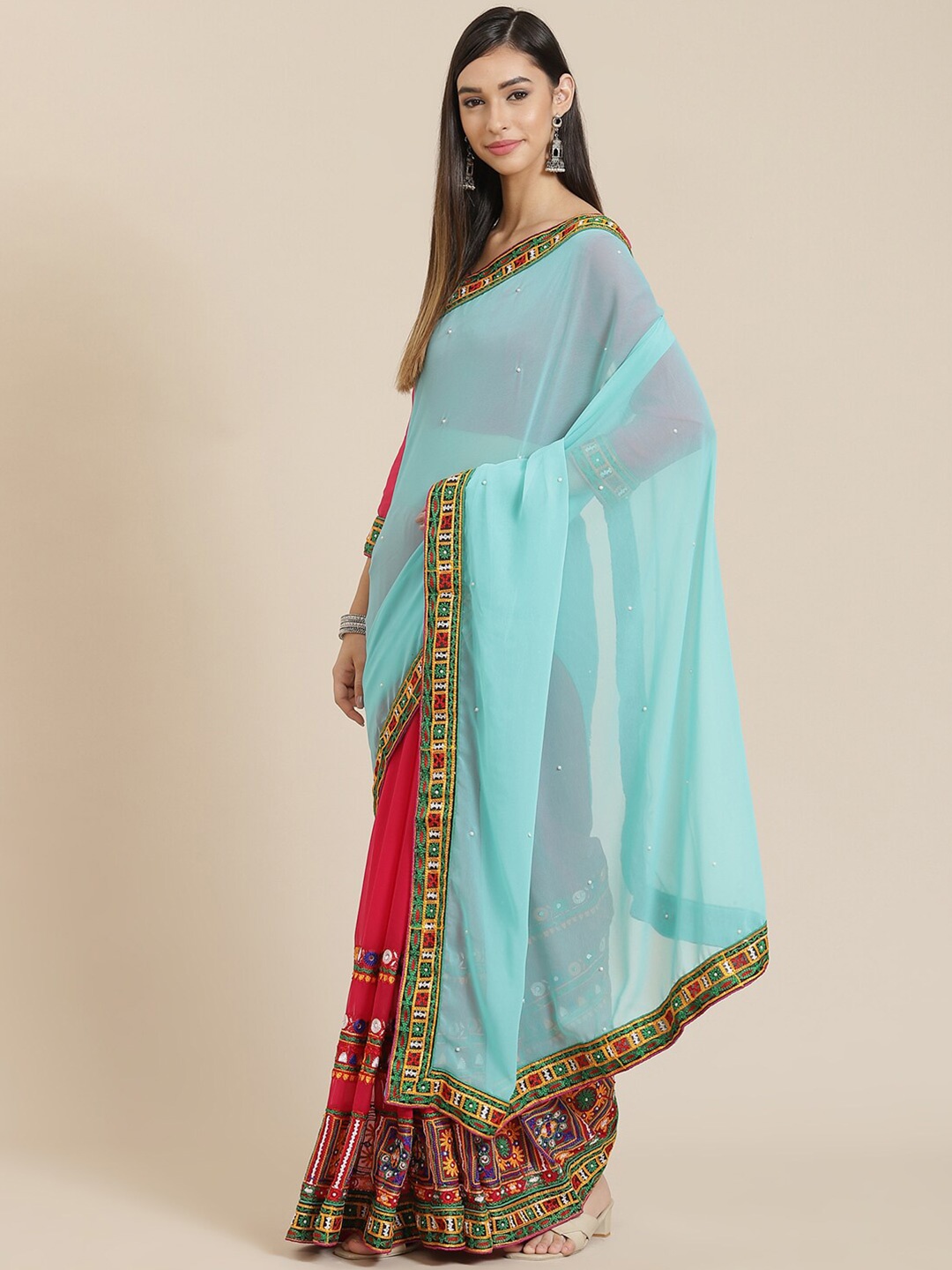

SERONA FABRICS Embellished Embroidered Pure Georgette Saree, Turquoise blue