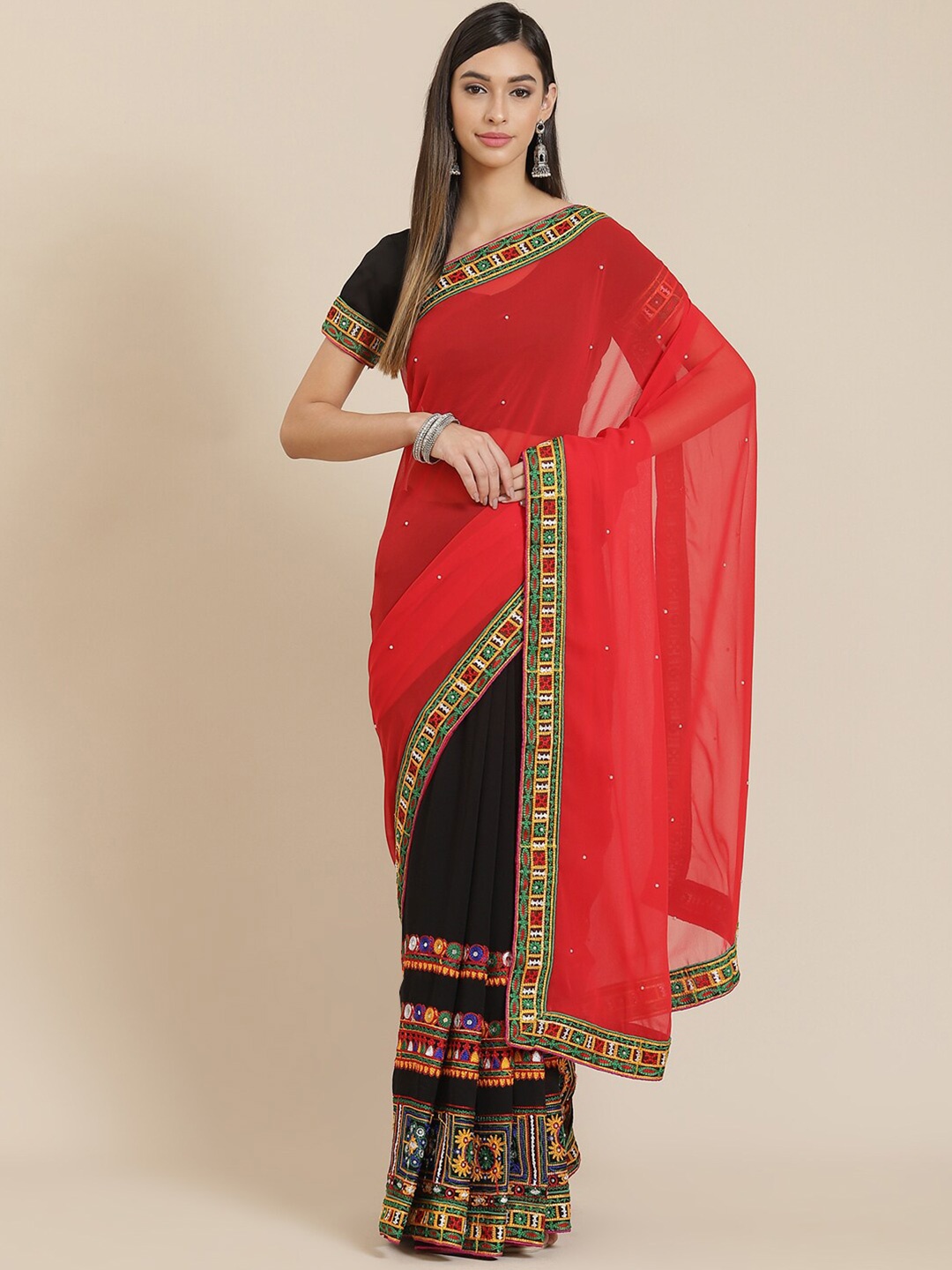 

SERONA FABRICS Embellished Pure Georgette Half and Half Saree, Red