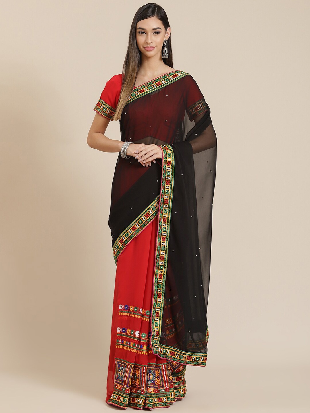 

SERONA FABRICS Embroidered Pure Georgette Half and Half Saree, Red