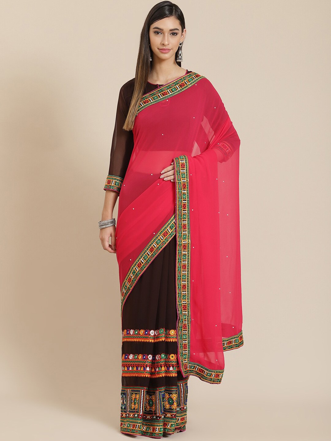

SERONA FABRICS Embellished Embroidered Pure Georgette Half and Half Saree, Pink