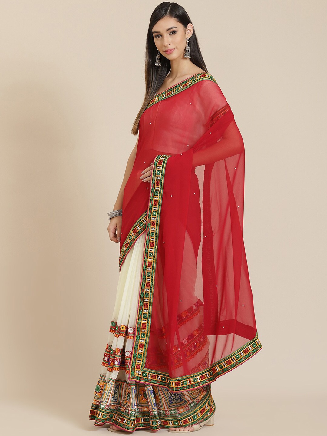 

SERONA FABRICS Embroidered Mirror Work Pure Georgette Half and Half Saree, Maroon
