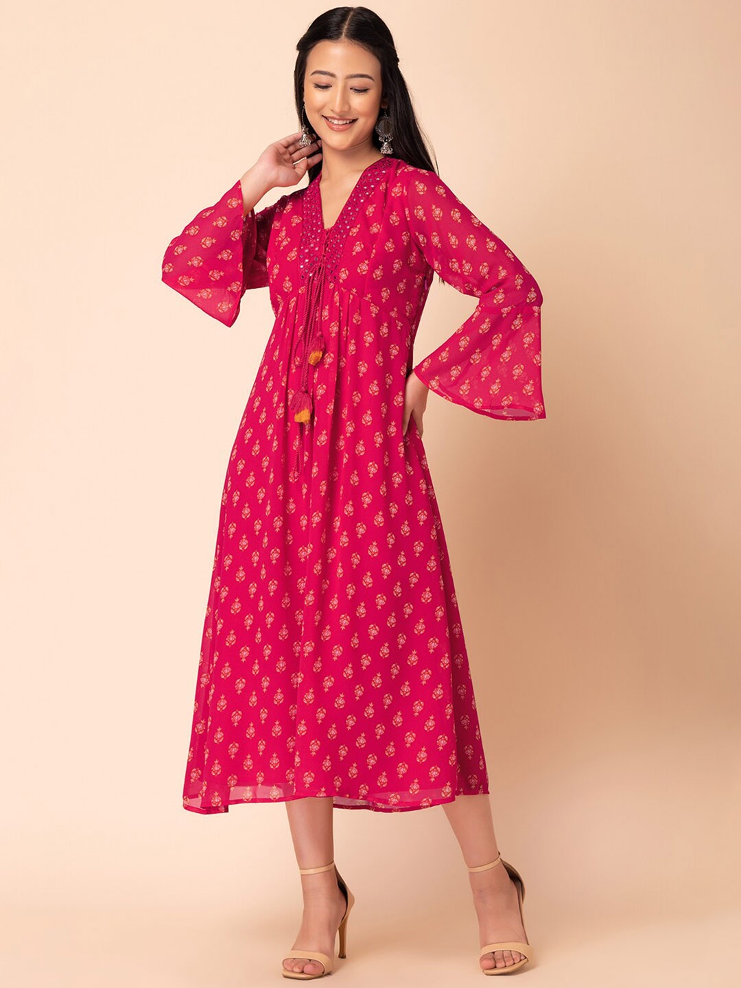 

INDYA Floral Printed A-Line Dress, Pink