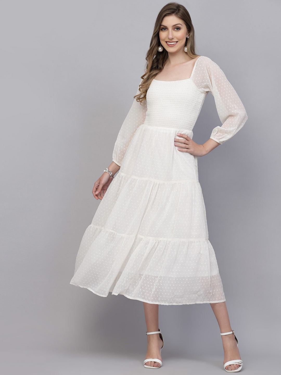

aayu Square Neck Georgette A-Line Midi Dress, White