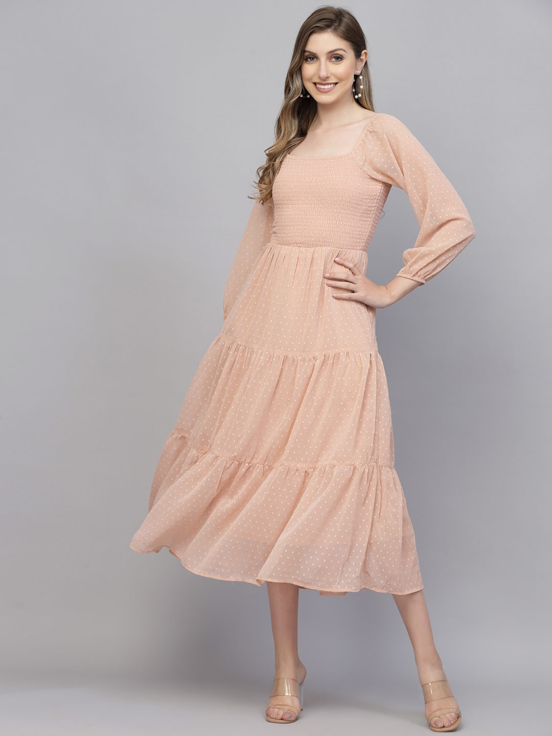 

aayu Self Design Smocked Tiered Fit & Flare Midi Dress, Peach