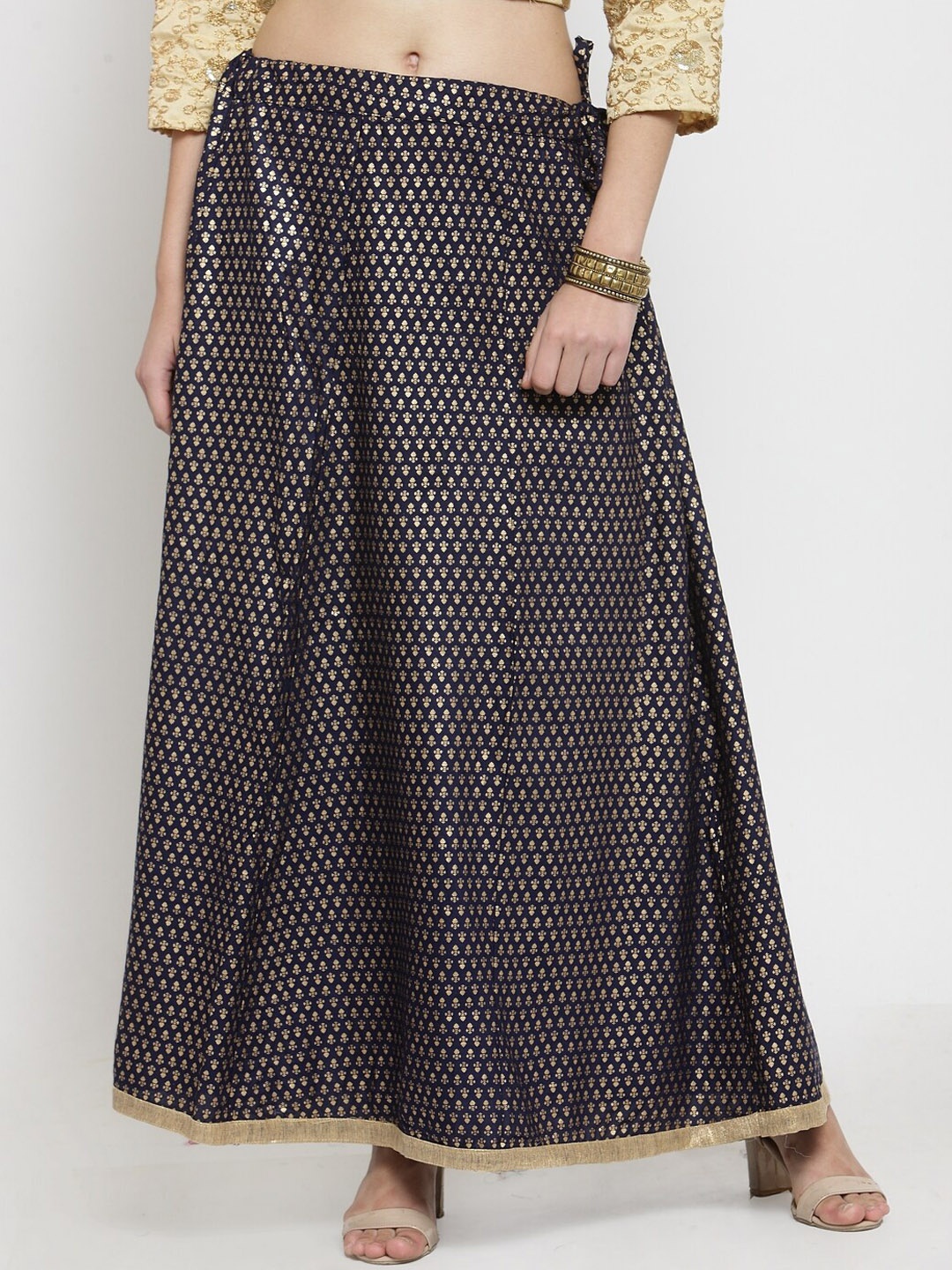

Clora Creation Floral Printed Maxi-Length Ethnic Flared Skirt, Navy blue