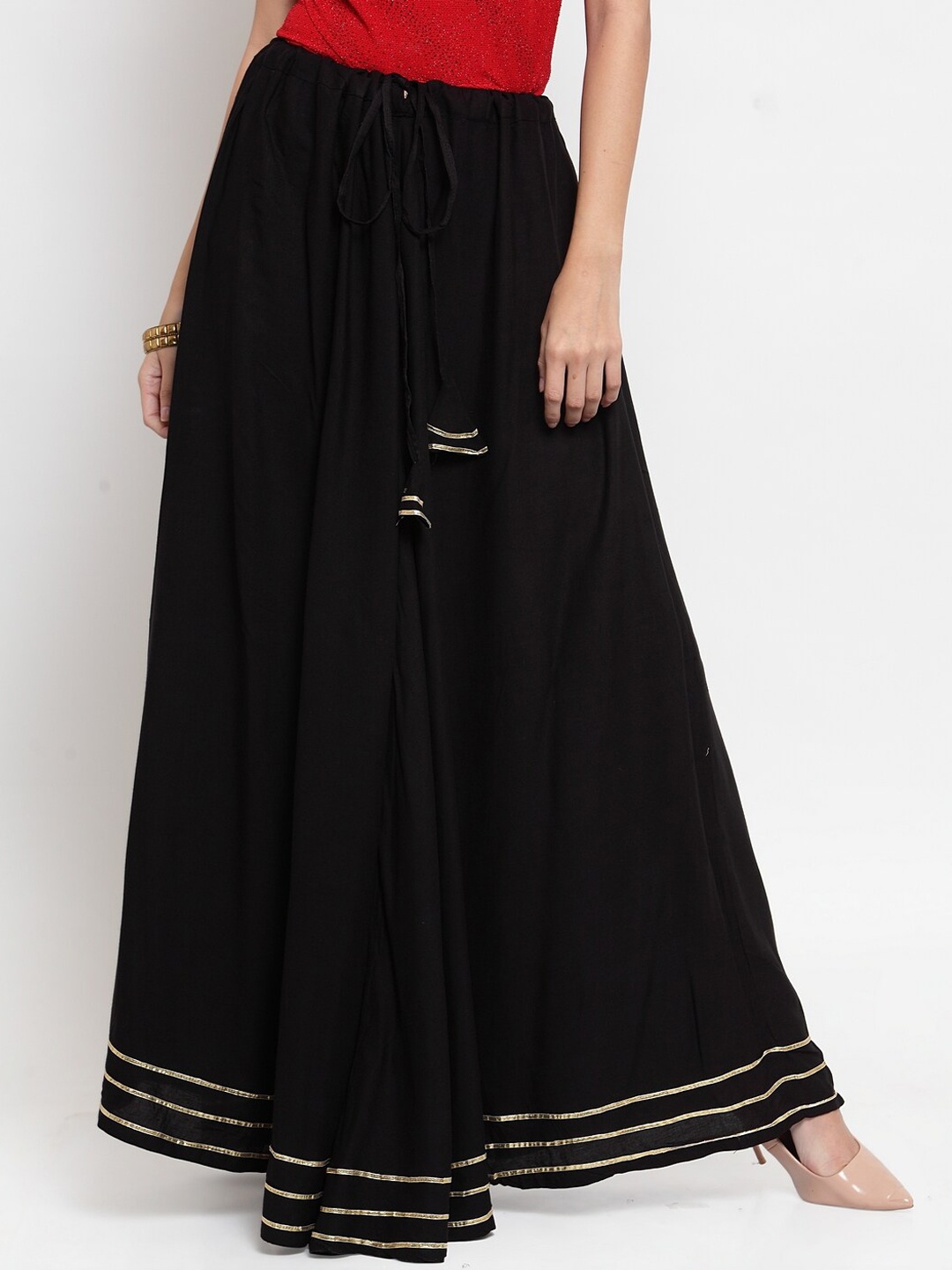 

Clora Creation Maxi Flared Drawstring No Slit Skirts, Black