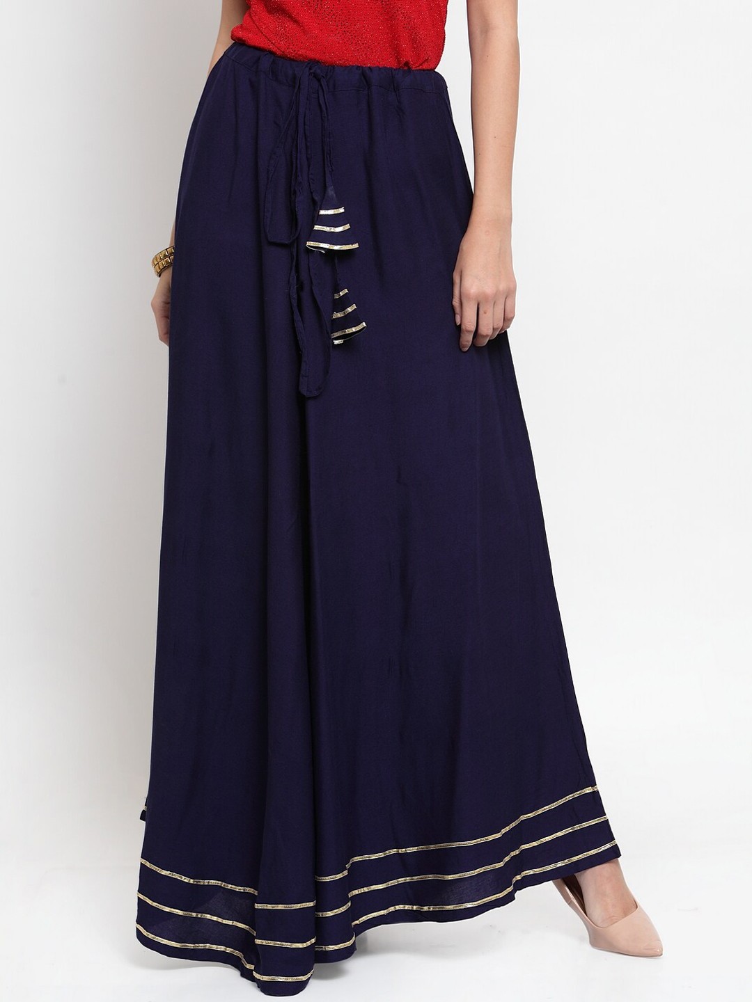 

Clora Creation Maxi Flared Drawstring No Slit Skirts, Navy blue