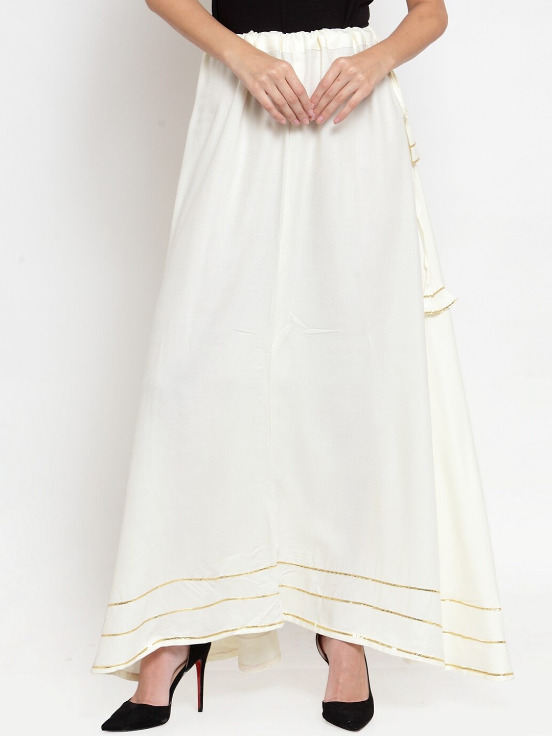 

Clora Creation Maxi Flared Drawstring No Slit Skirts, Off white