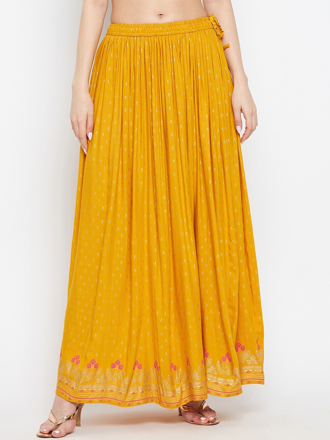 

Clora Creation Printed Flared Maxi Drawstring No Slit Skirt, Mustard
