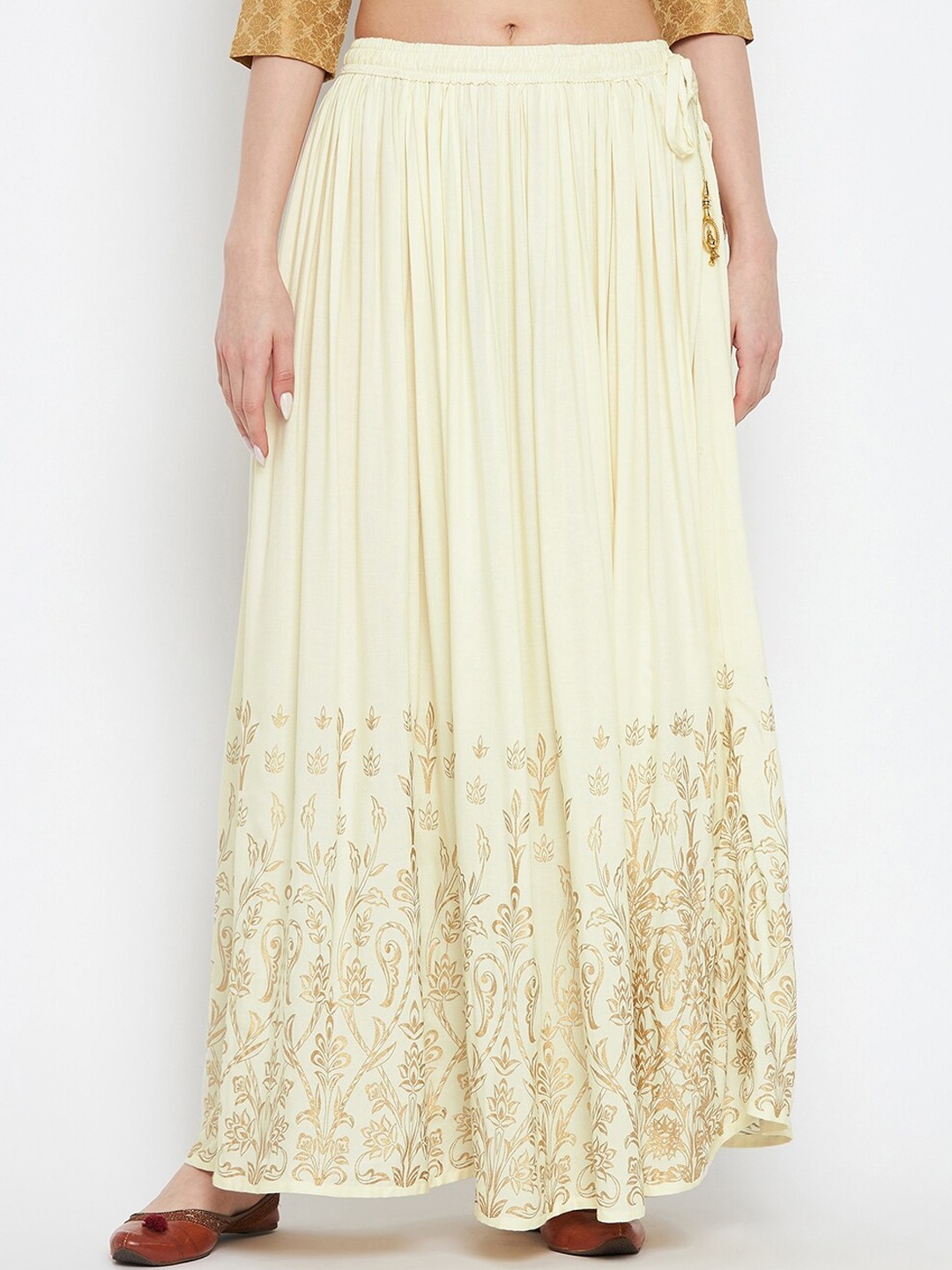 

Clora Creation Printed Flared Maxi Drawstring No Slit Skirt, Cream