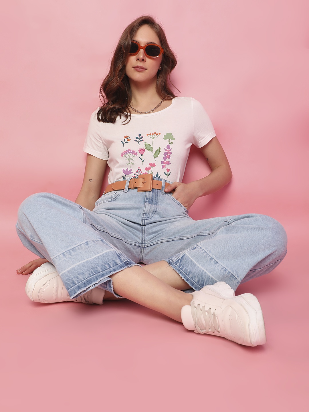

Vero Moda Floral Printed Round Neck Cotton T-shirt, White